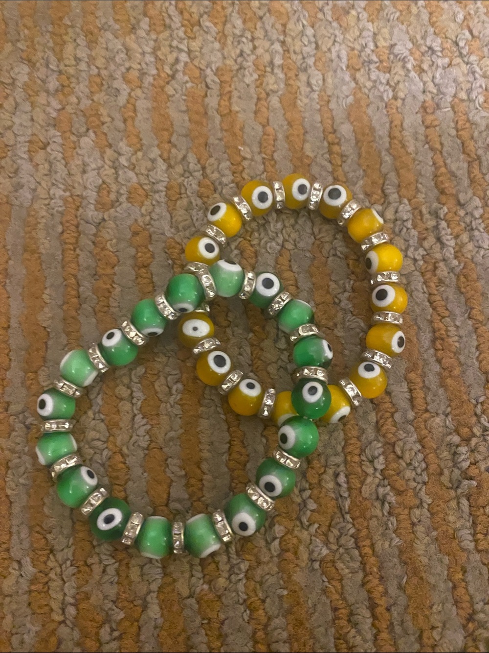 2 Green and Yellow Evil Eye Beaded Bracelets